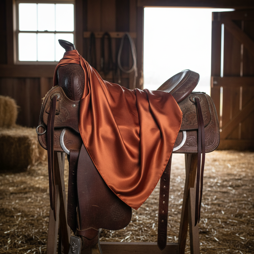 Rust colored wild rag scarf draped over western saddle showing satin texture and earthy burnt orange tones