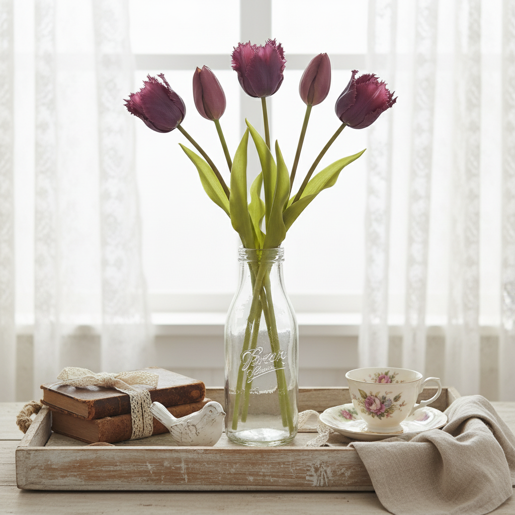 5 plum purple tulip stems in vintage milk bottle - shabby chic farmhouse decor