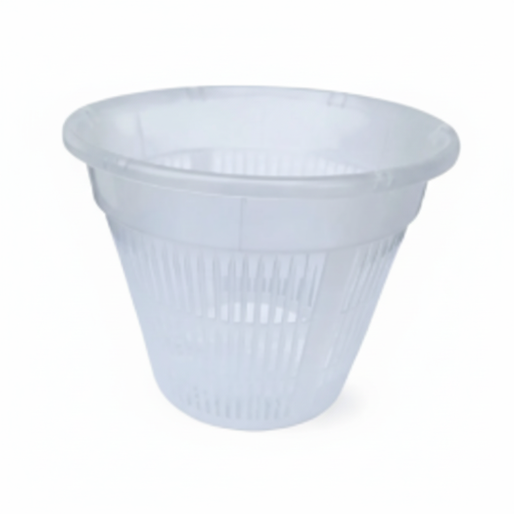 Clear 7 inch slotted plastic orchid pot with open vertical air slits on white background