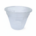 Clear 7 inch slotted plastic orchid pot with open vertical air slits on white background
