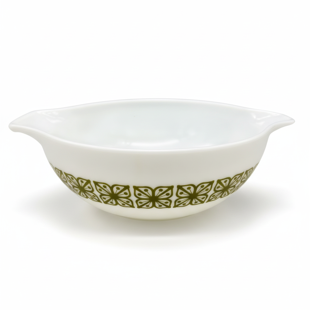 Vintage Pyrex 444 Cinderella Bowl in Verde Green Square Flowers pattern, 4 quart mixing bowl with double pour spouts, circa 1966