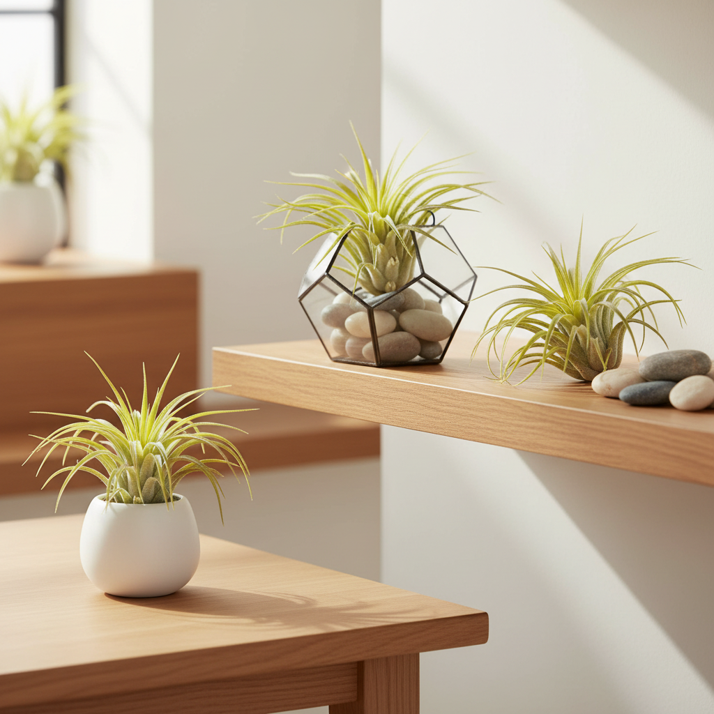 Set of 3 artificial tillandsia air plants styled in white ceramic planter, glass terrarium, and wooden shelf with pebbles