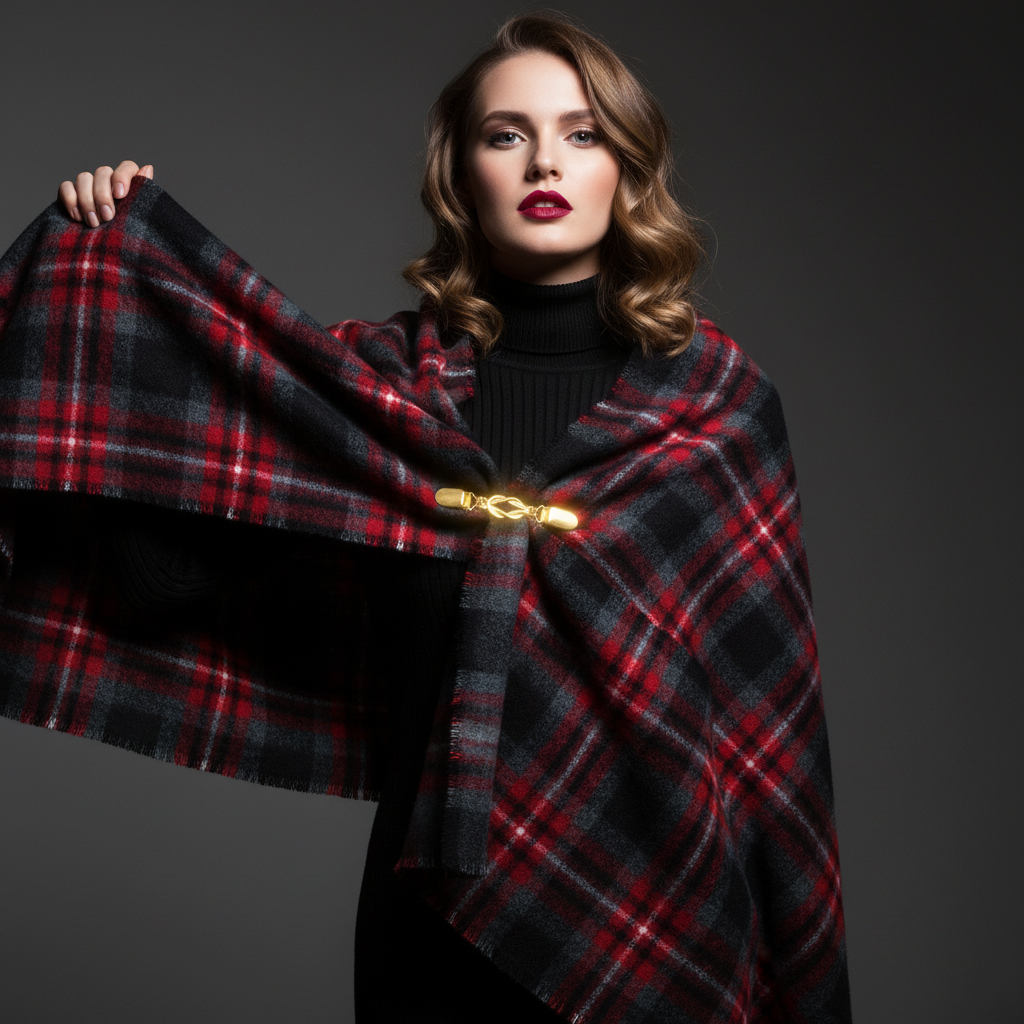 Gold sweater clip holding red black plaid wool scarf as shawl wrap, luxury editorial