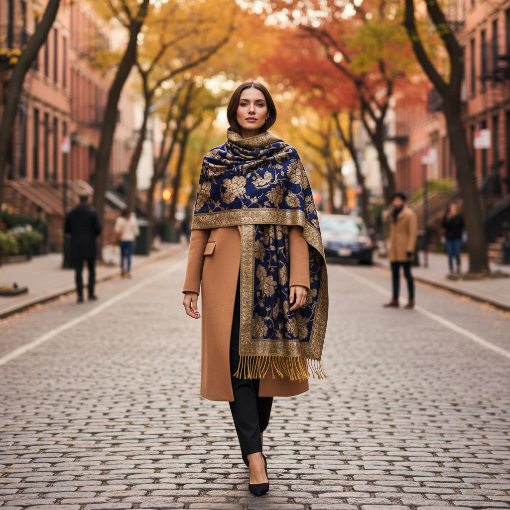 Woman wearing navy blue gold paisley jacquard fringe shawl layered over camel coat on city street autumn street style