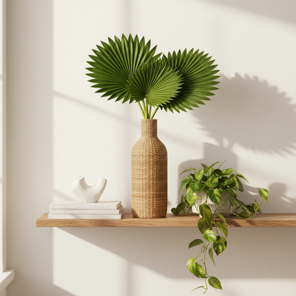 Coastal boho shelf styling with 3 artificial fan palm leaves in a tall woven rattan vase alongside decor accents in a warm natural light home setting