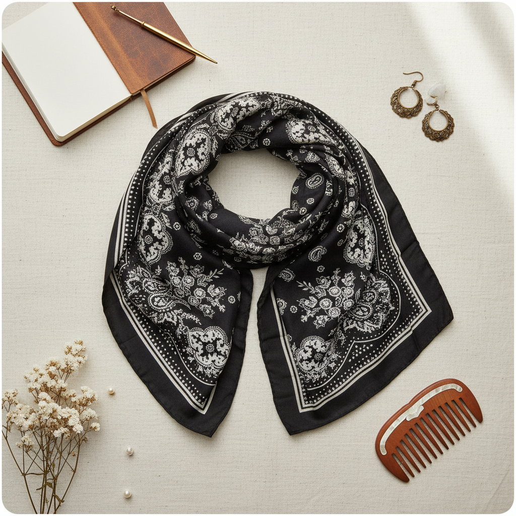 Flat lay of black paisley square scarf with white floral print showing full 27 inch design and styling details