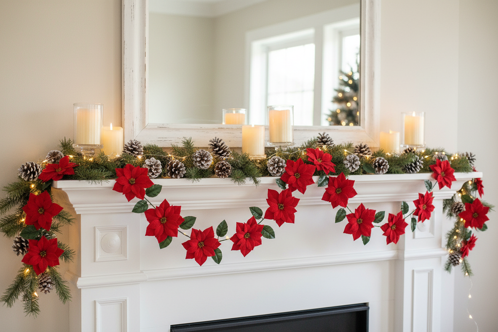 Red velvet poinsettia garland draped over a white farmhouse fireplace mantel decorated for Christmas with pine cones and candles