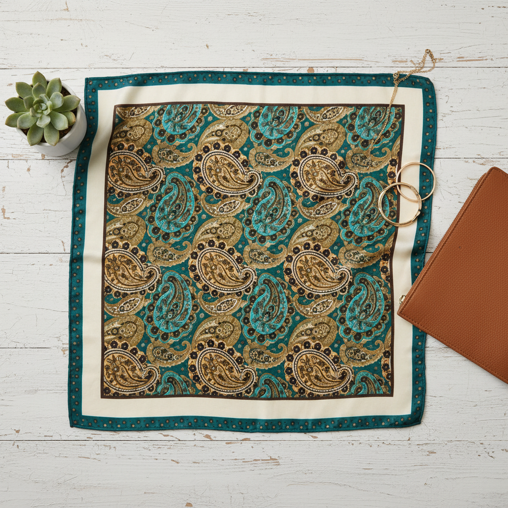 Teal and gold paisley satin square scarf fully open flat lay on white wood surface styled beside a tan leather clutch, gold jewelry, and a small succulent