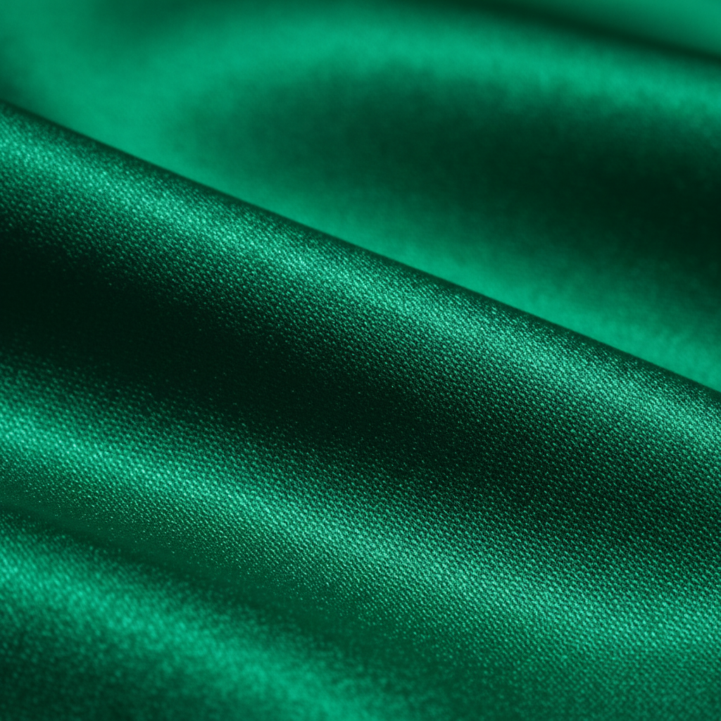 Close-up of emerald green satin fabric texture and sheen