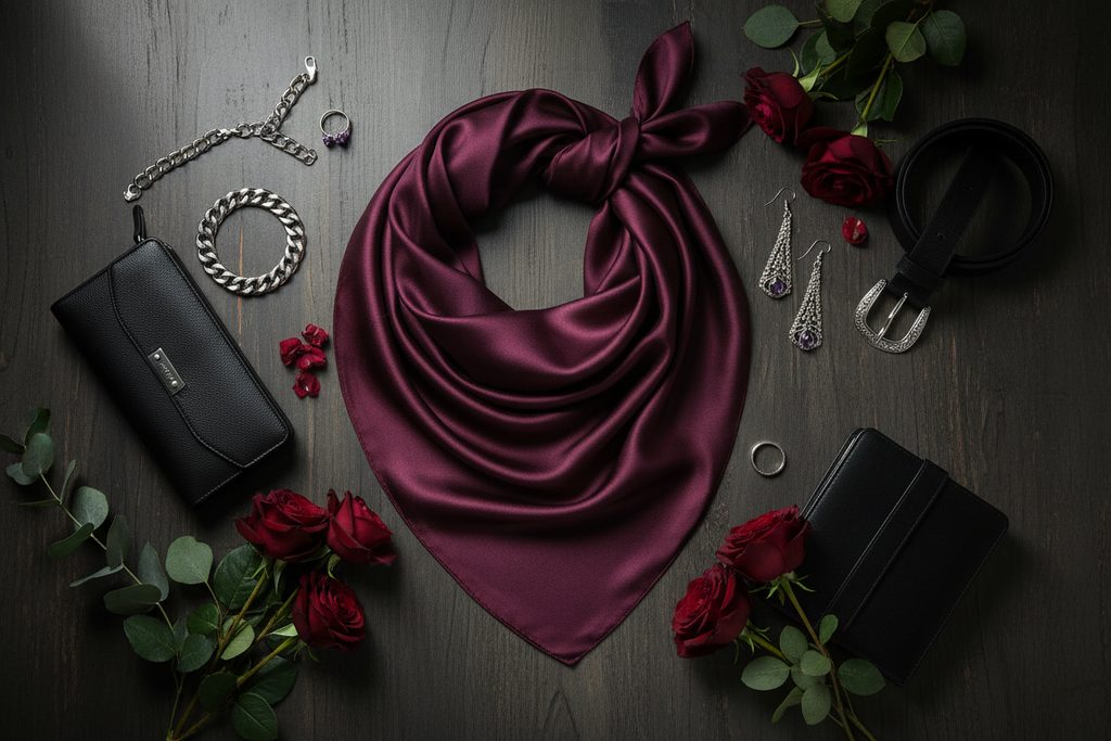 Eggplant purple wild rag flat lay with silver jewelry, black leather accessories, and burgundy flowers on dark wood