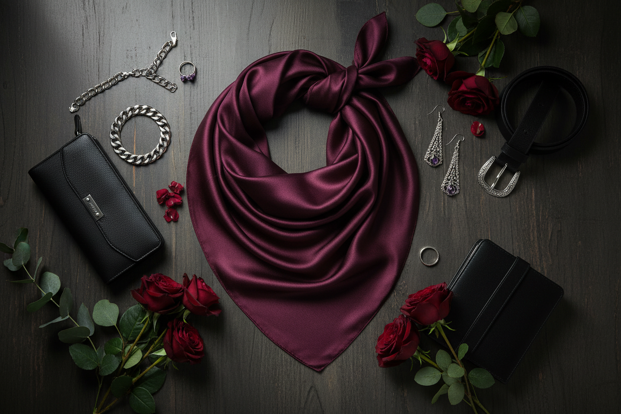 Eggplant purple wild rag flat lay with silver jewelry, black leather accessories, and burgundy flowers on dark wood
