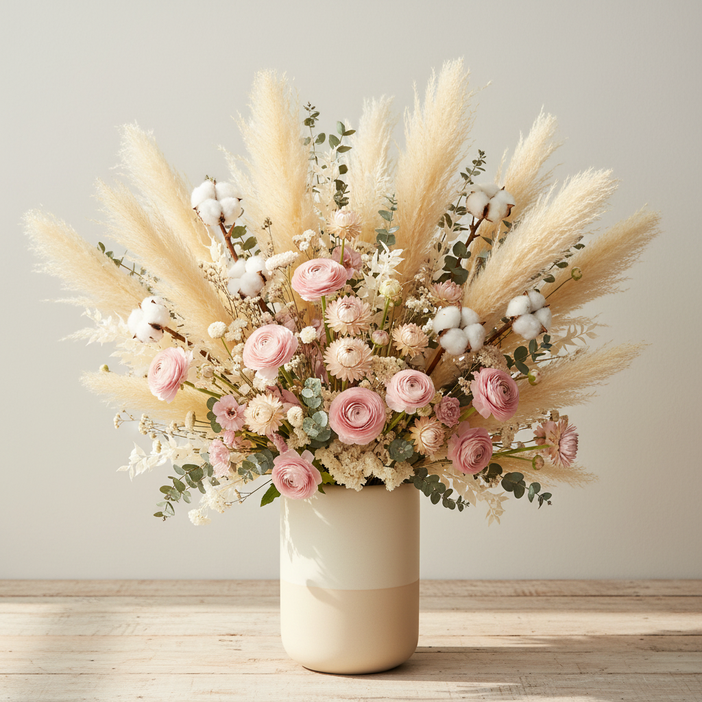 Cream beige faux pampas grass stems in large professional florist arrangement with blush ranunculus, ivory dried flowers, eucalyptus and cotton stems in cream ceramic vase