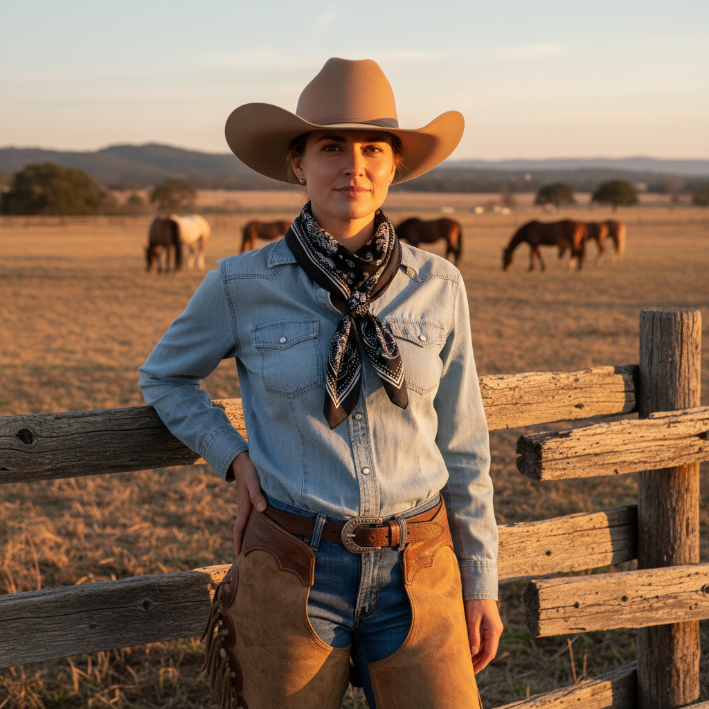 Woman wearing black paisley wild rag scarf at western ranch with horses