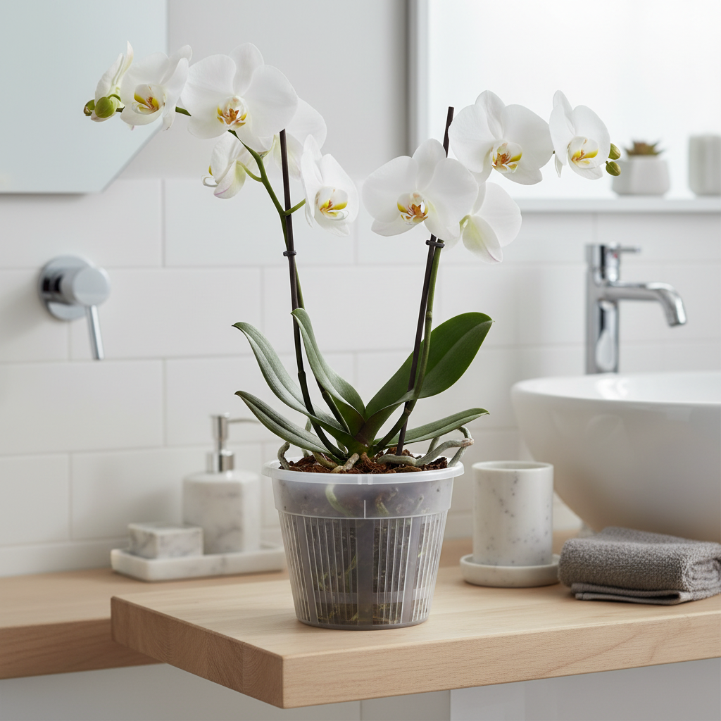 Clear 4 inch slotted orchid pot with open vertical air slits holding a white orchid on a modern bathroom shelf