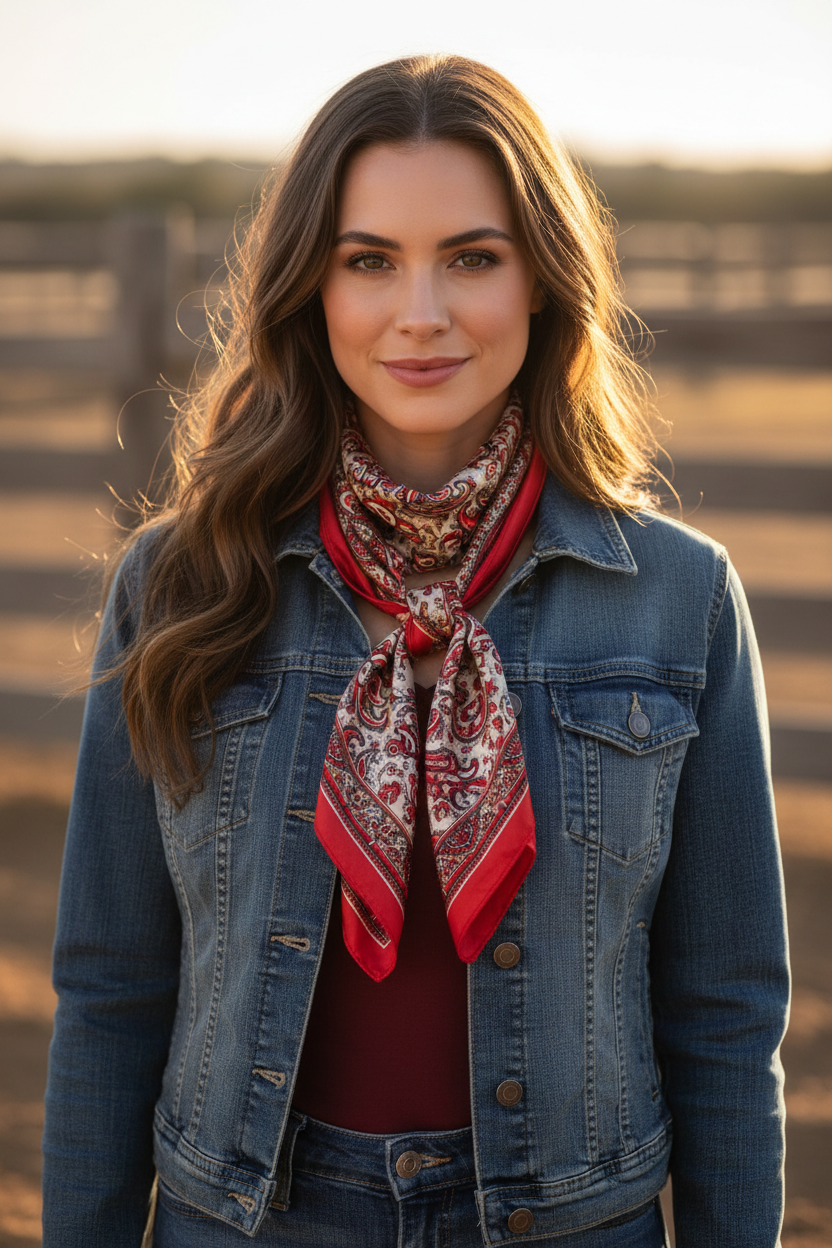 Woman with long wavy brown hair wearing red paisley satin square scarf as wild rag western style loosely knotted at front denim jacket dark red top ranch fence golden hour 20x20