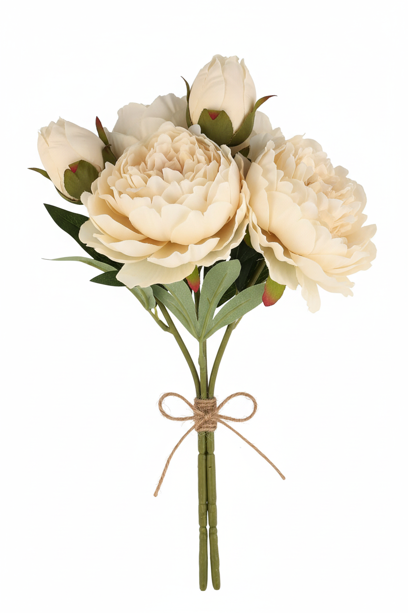 Three cream ivory faux peony stems bundled together for wedding bouquet arrangement