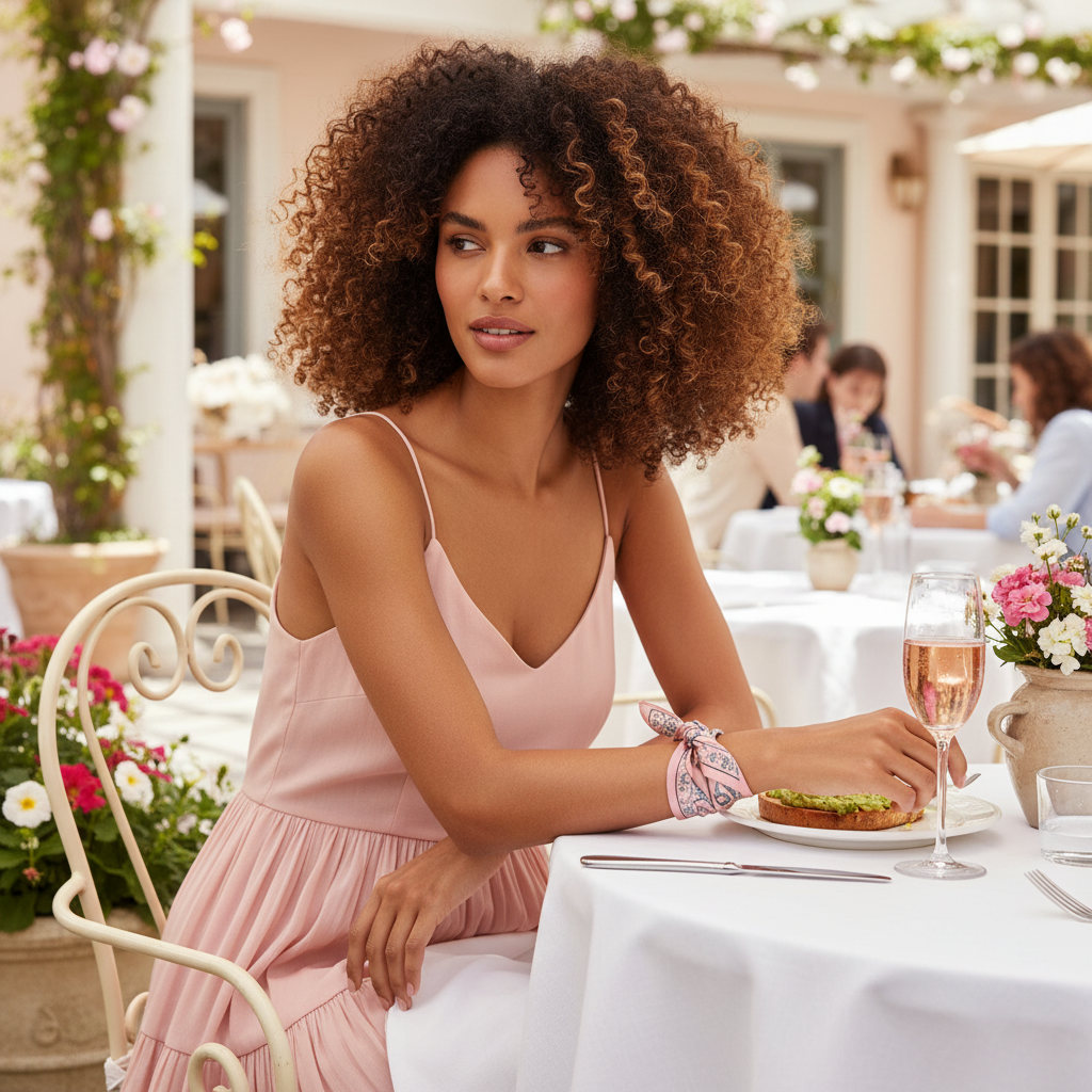 Dusty pink and gray blue paisley satin square scarf tied as a small wrist accent on a woman in a blush pink dress at a bright outdoor brunch setting