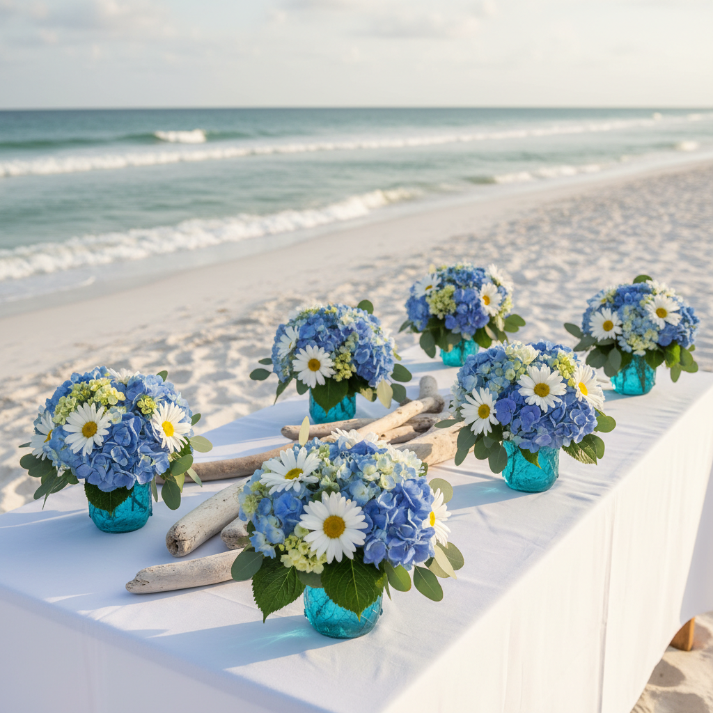 Six small fresh blue hydrangea and white daisy centerpieces using wet floral foam blocks in mason jars for coastal beach wedding