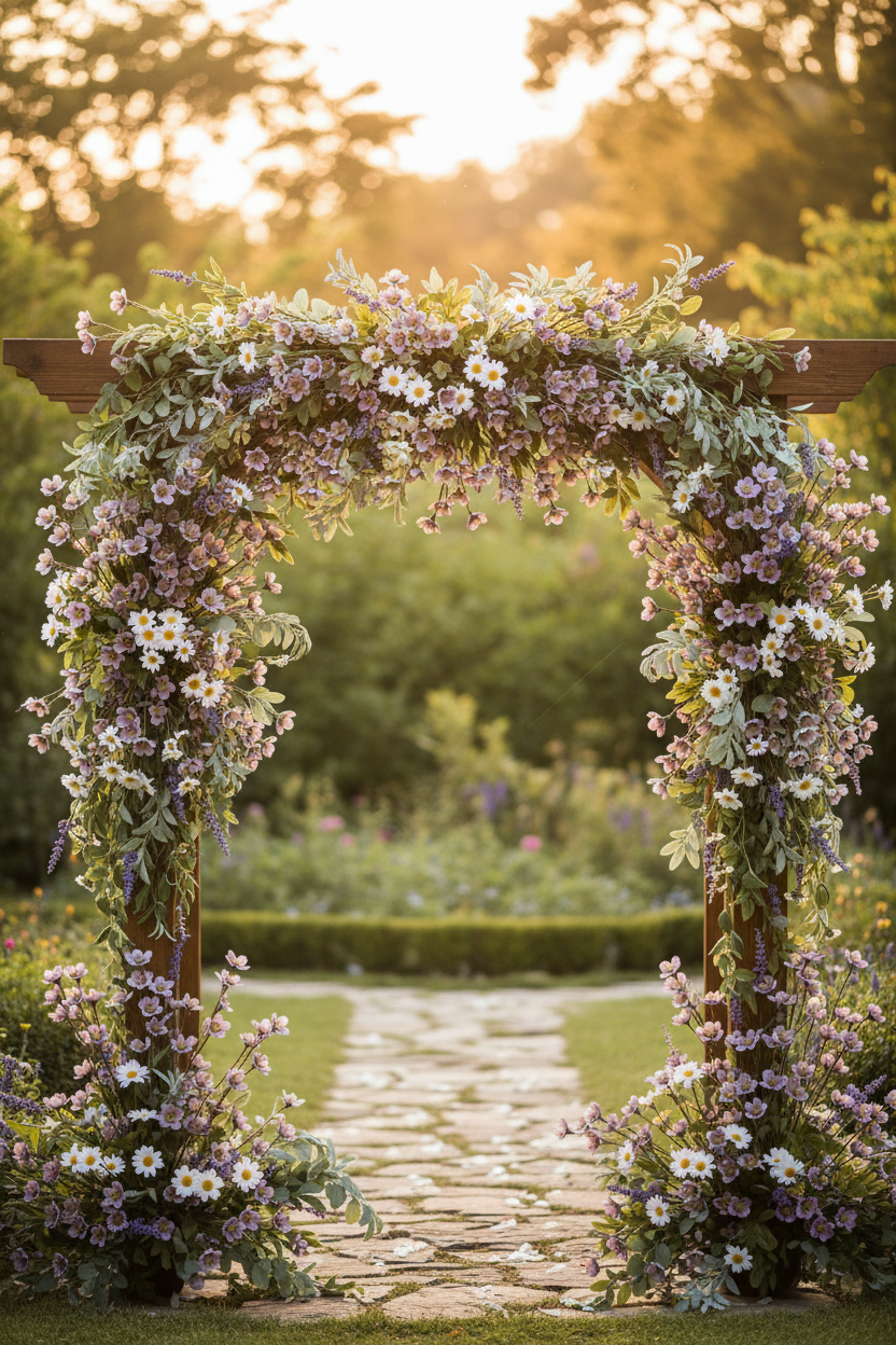 Rustic wooden wedding arch draped with artificial dusty lavender purple dogwood stems, faux lavender, white daisies, and eucalyptus in a lush wildflower arrangement, outdoor garden ceremony aisle golden hour