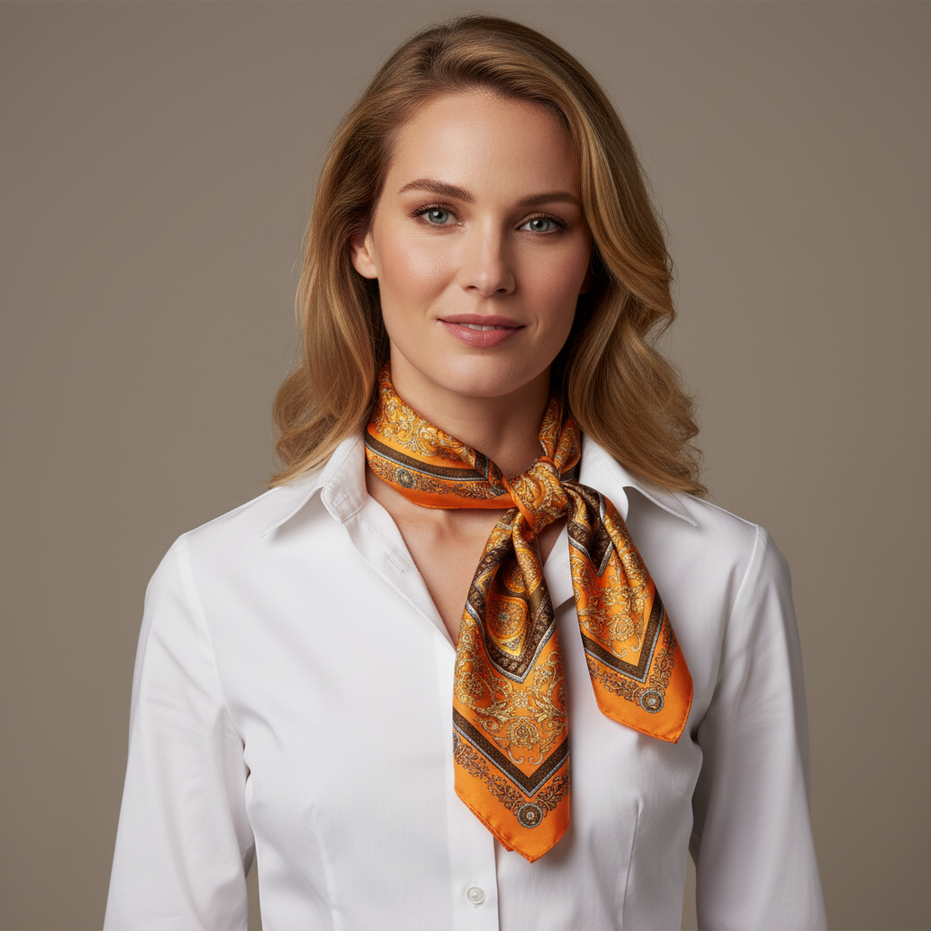 Woman wearing orange and gold Baroque satin square scarf tied as a classic neck scarf over a white shirt – Classic & Sophisticated style