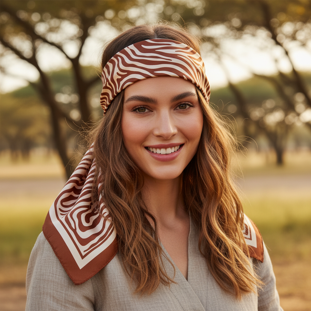 Brown cream zebra wave print 20x20 satin scarf styled as headband hair wrap accessory
