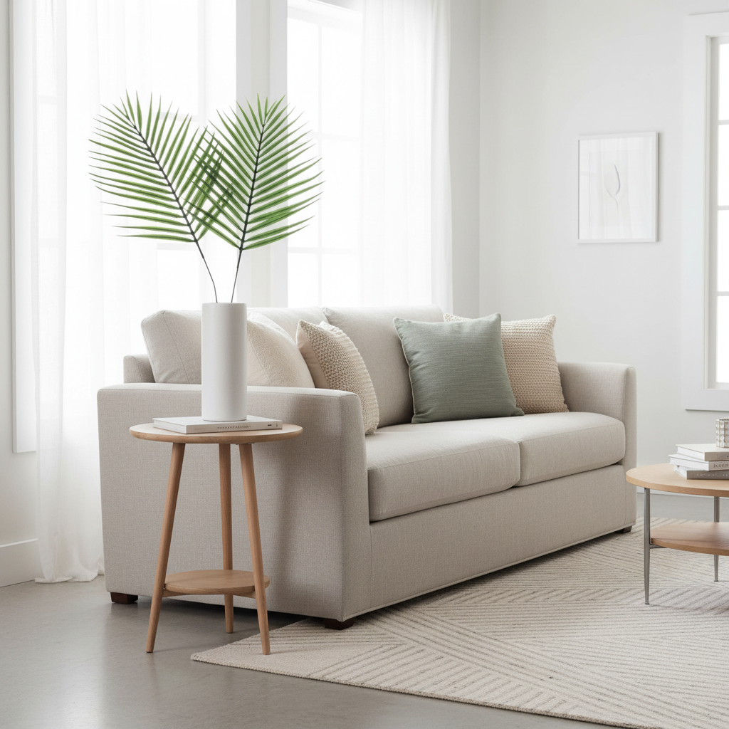 Artificial green palm leaf stems in white ceramic vase on side table in bright minimalist living room