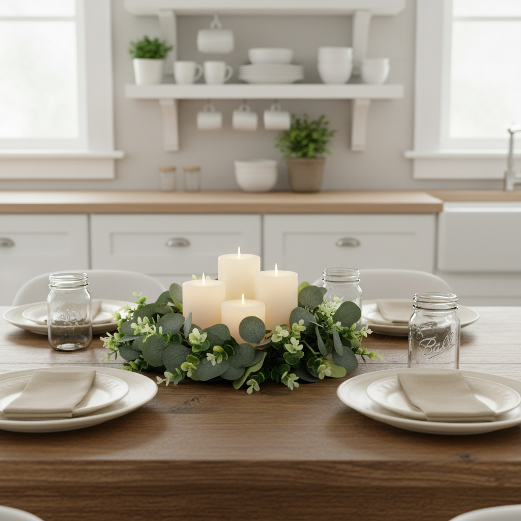 Eucalyptus candle ring centerpiece on rustic dining table with pillar candles