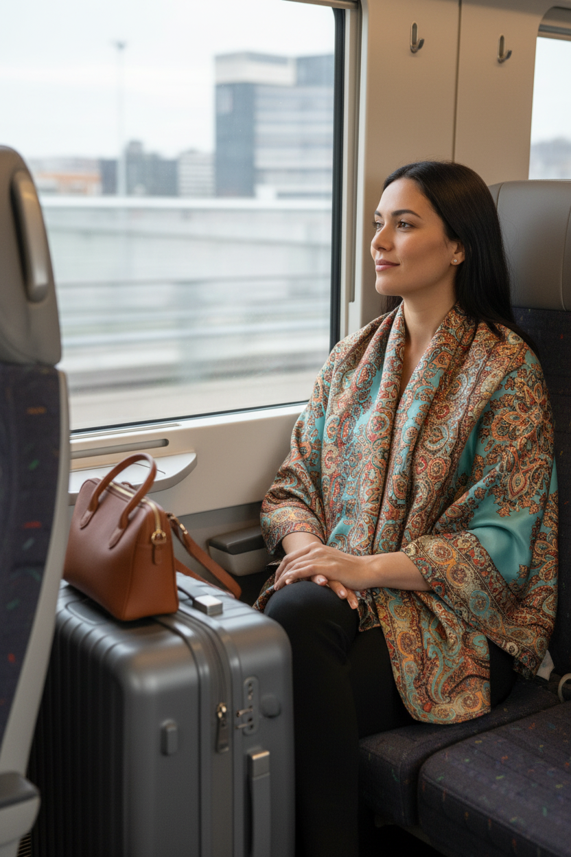 Woman with olive skin wearing teal rust paisley satin scarf as lightweight travel wrap seated at airport window, carry-on bag beside her