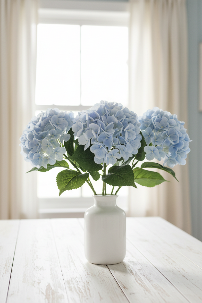 Soft blue hydrangea stems in white ceramic vase on coastal cottage table with bright natural light