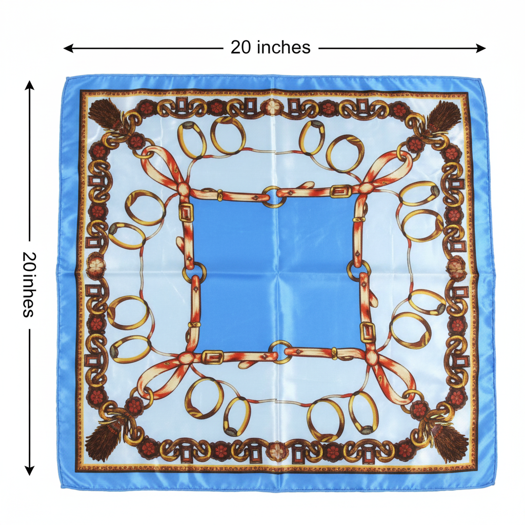 Flat lay size diagram of blue gold chain print satin square scarf showing 20 x 20 inch measurements with annotation arrows on a white background