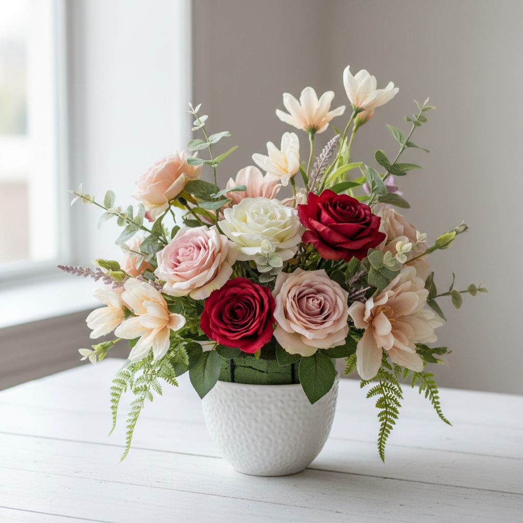 Finished artificial flower centerpiece in white ceramic vase with green dry floral foam brick holding stems in place