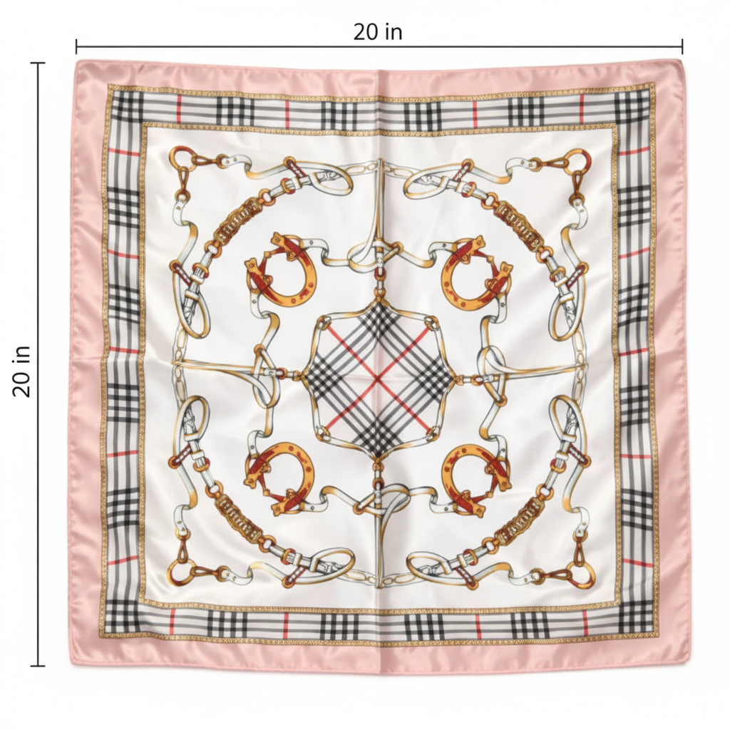 Blush pink equestrian satin square scarf size measurement diagram showing 20 inches by 20 inches with straight ruler lines on white background
