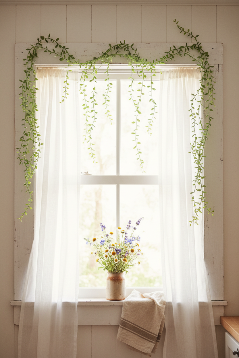 Artificial trailing greenery vines draped over a cottage-style kitchen window frame with white shiplap walls, sheer linen curtains, and a ceramic crock of wildflowers on the windowsill