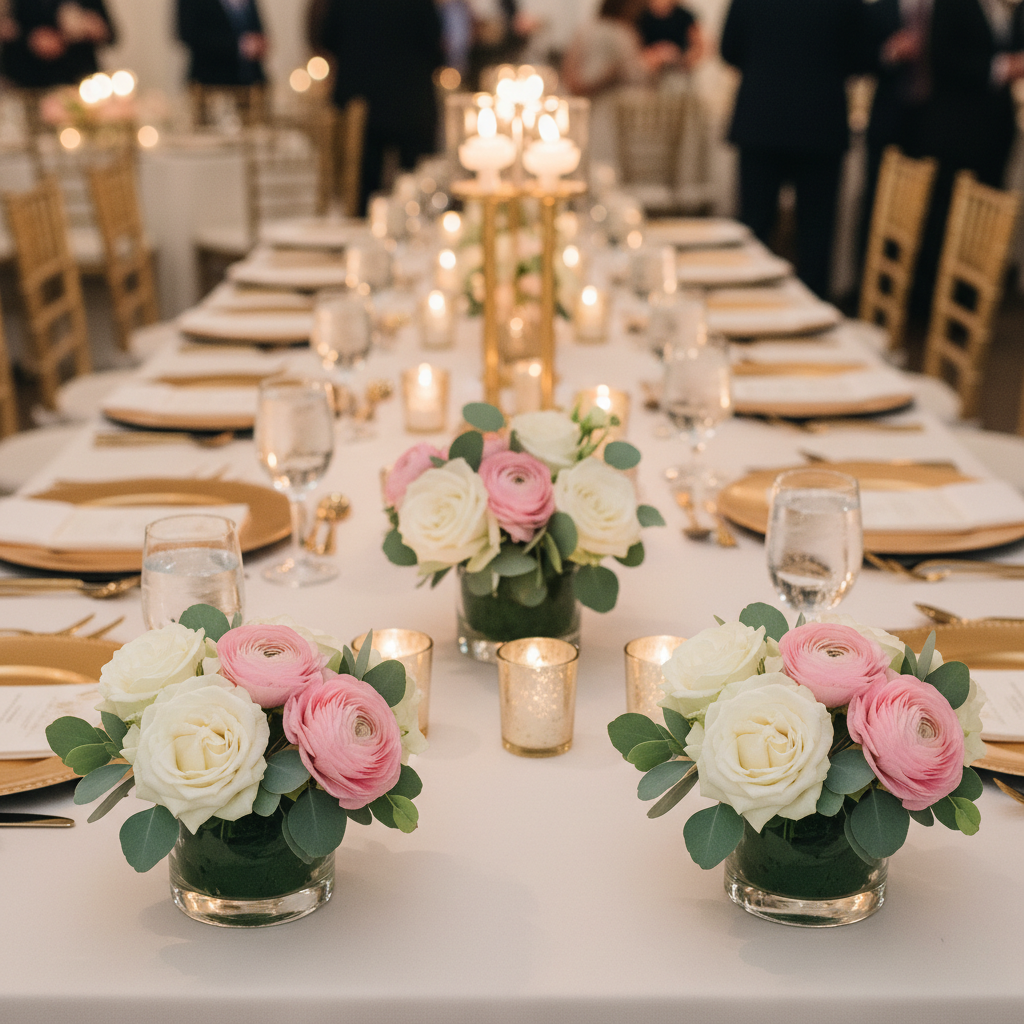 Four small fresh flower centerpieces made from cut wet floral foam blocks with white roses and pink ranunculus in glass votives on elegant wedding reception table