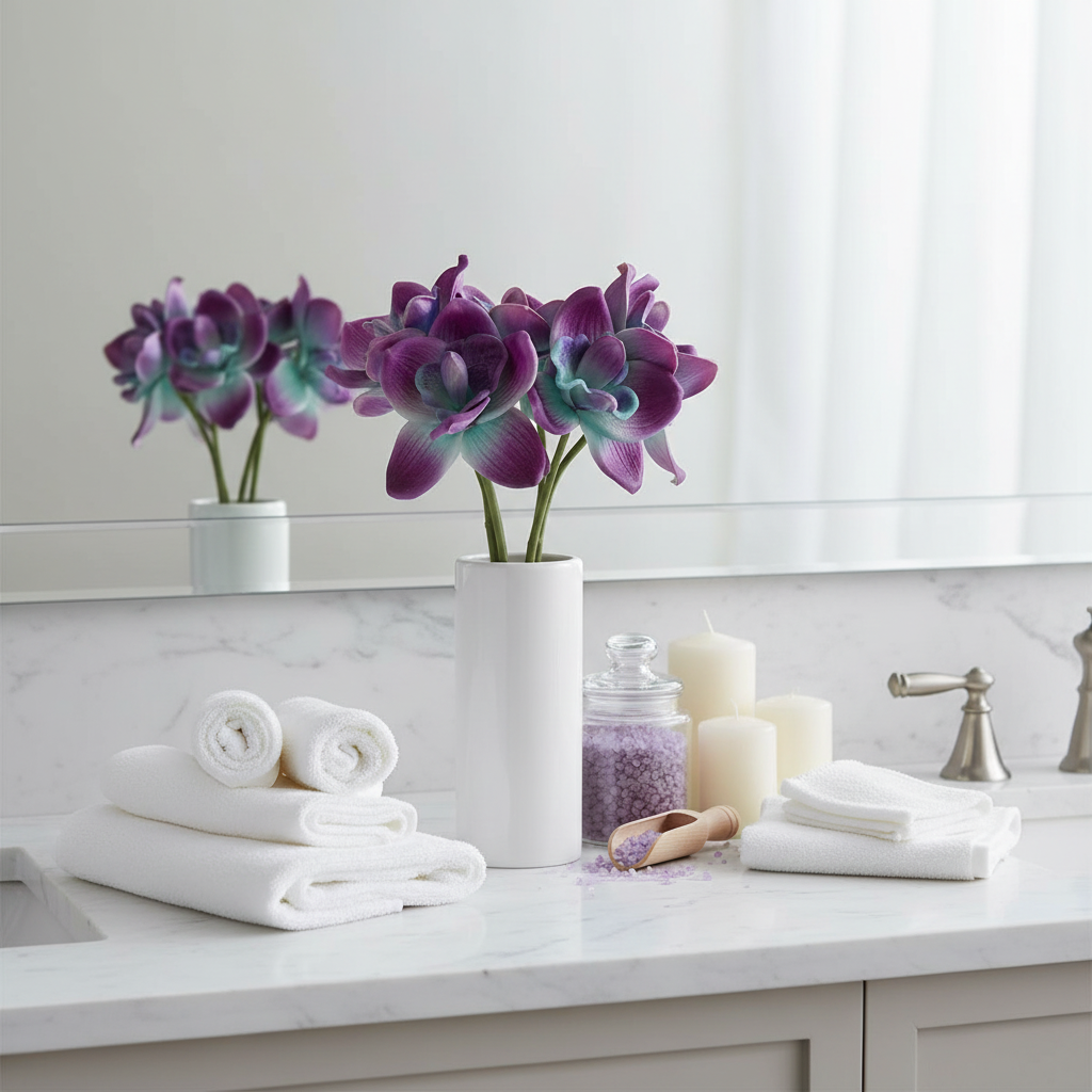 Artificial purple and teal orchid stems in a white ceramic vase on marble countertop in elegant spa bathroom setting
