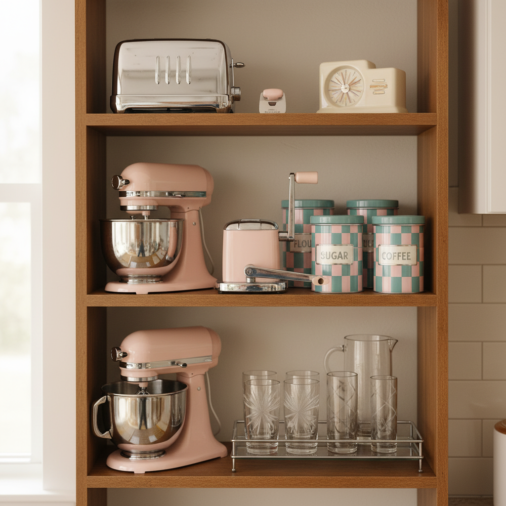Pink chrome Maid of Honor ice crusher displayed with 1950s vintage kitchen appliances and mid-century collectibles