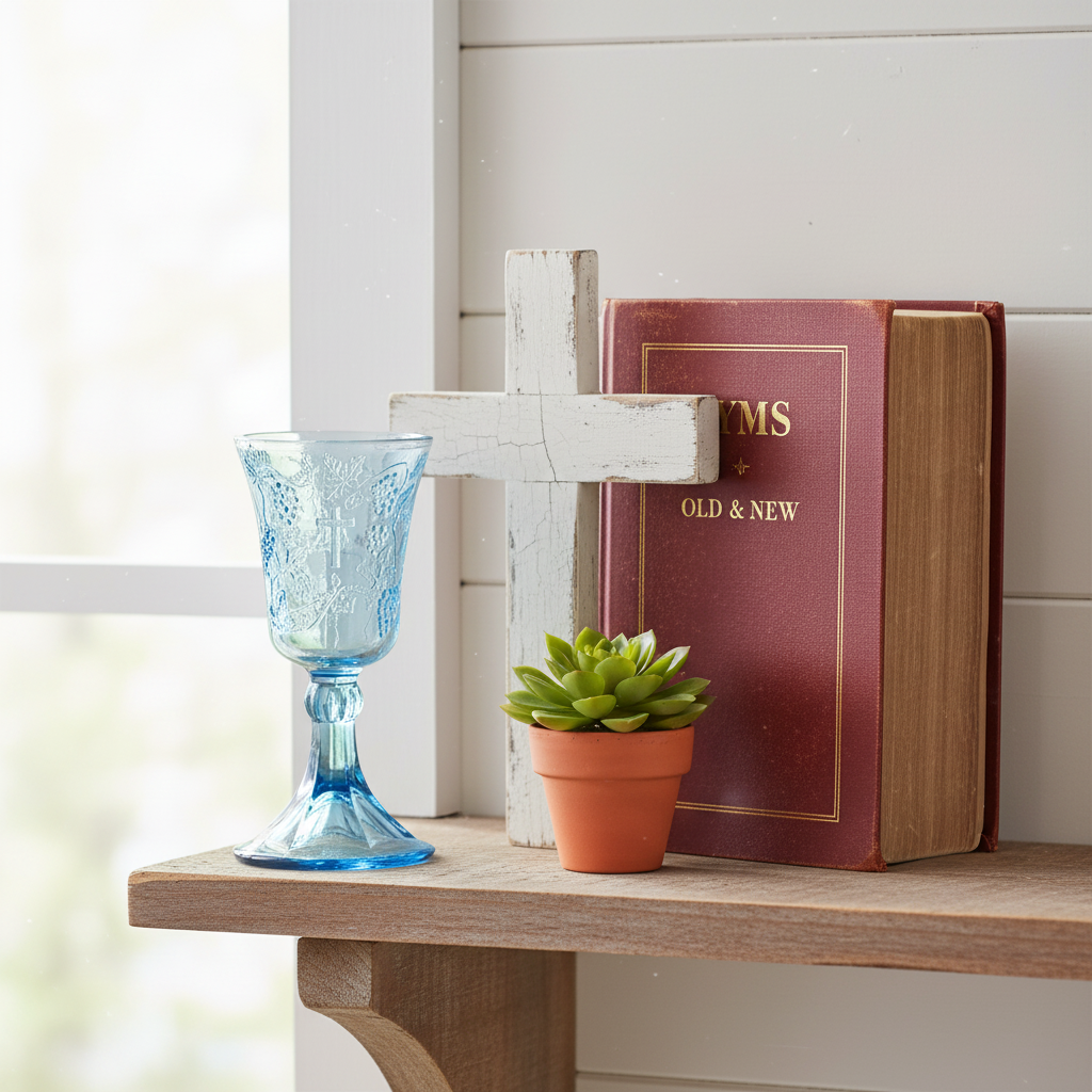 Vintage blue communion chalice styled as Christian home decor with cross and hymnal on rustic shelf