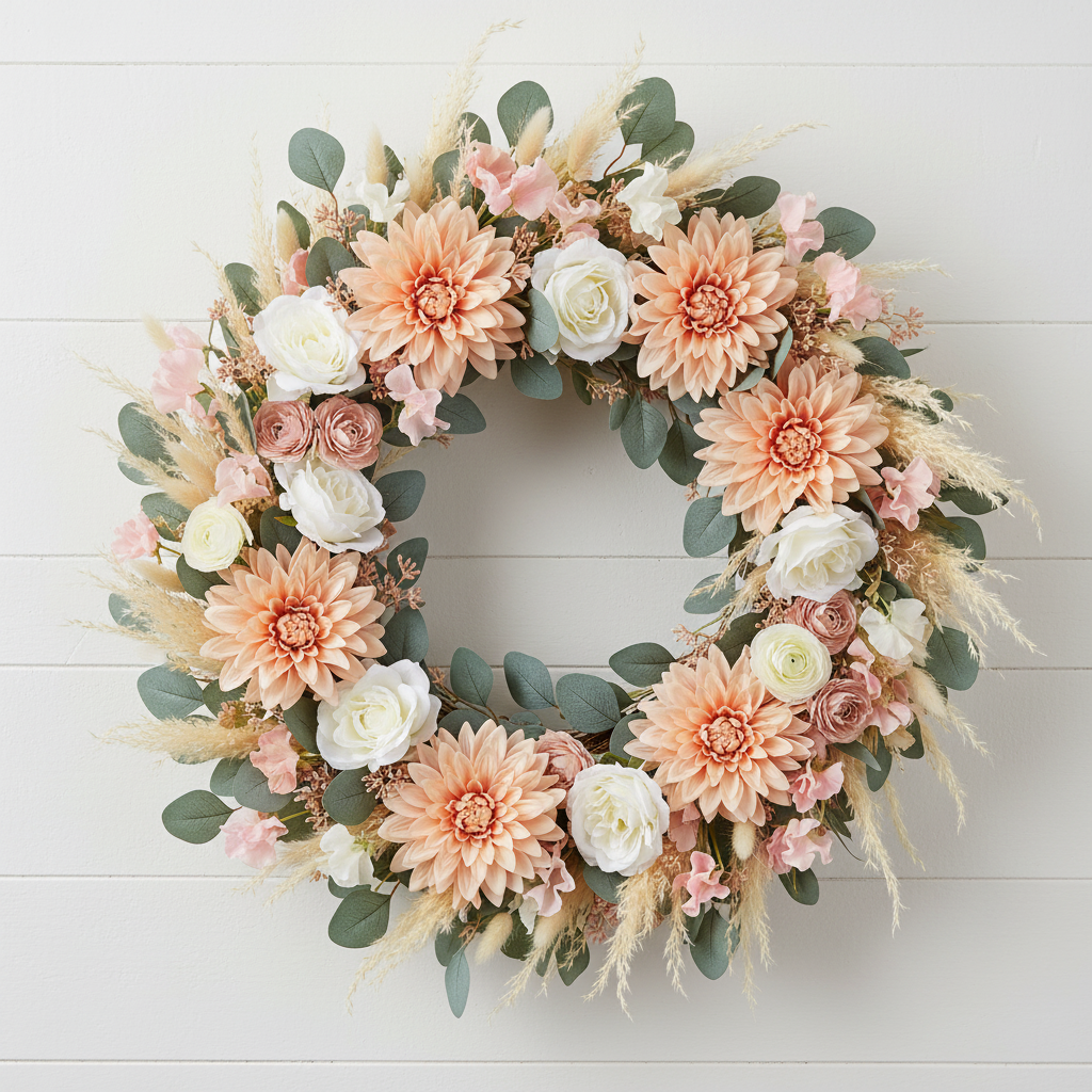 Round farmhouse wreath with peach dahlia blooms, white roses, blush ranunculus and pampas grass on shiplap wall