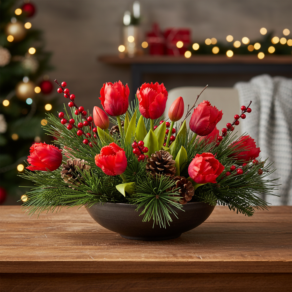 Artificial Red Parrot Tulips Christmas Centerpiece with Pine Boughs Faux Silk Flowers Holiday Decor