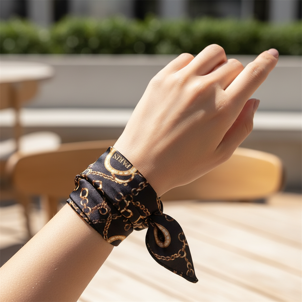 Black Gold Paris Chain Satin Scarf Wrapped as Wrist Wrap Bracelet 20x20 Square Scarf