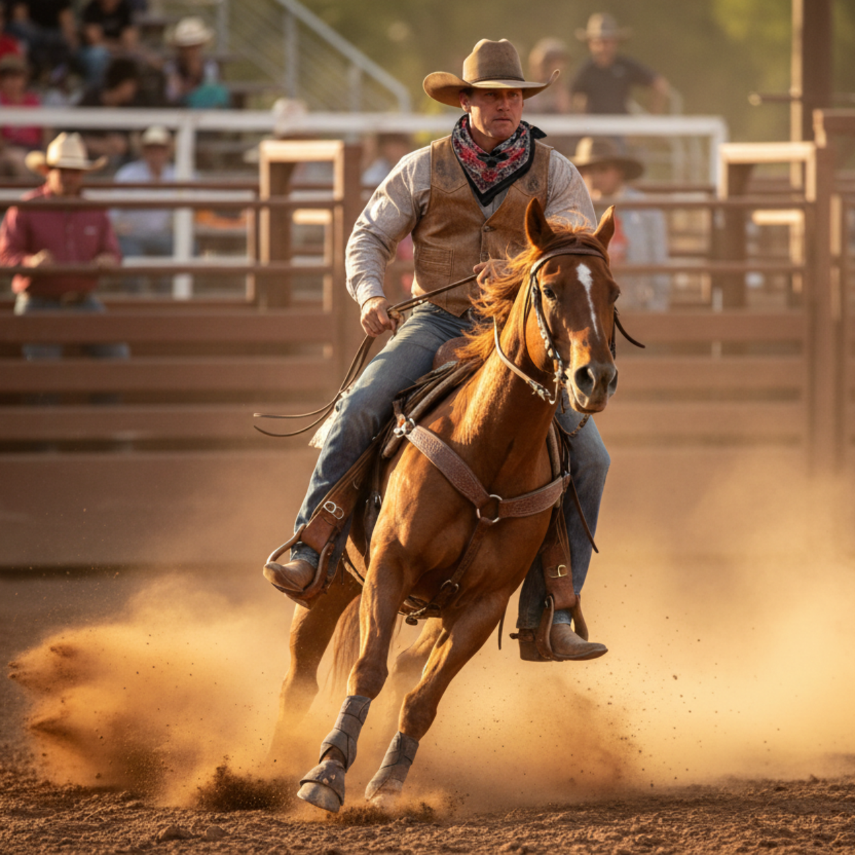 Man wearing black and red wild rag scarf at rodeo arena in traditional cowboy outfit