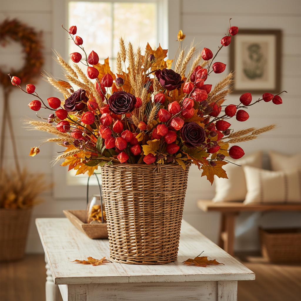 Red burgundy Chinese lantern stems in rustic fall entryway arrangement with dried wheat and burgundy roses in wicker basket