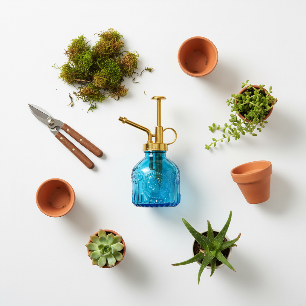 Flat lay of blue glass mister with gold pump surrounded by plant care tools and succulents