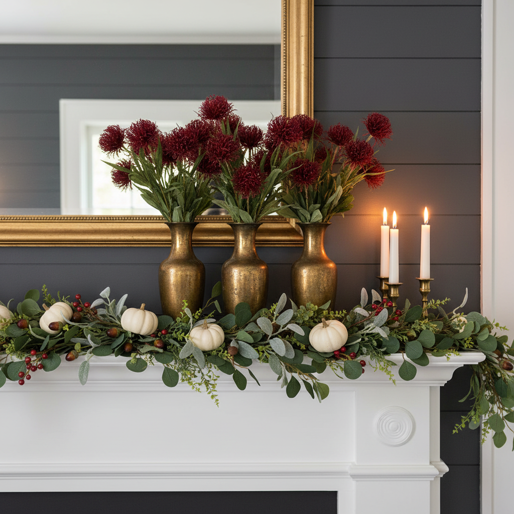 Fall mantel display featuring burgundy artificial protea flowers in vintage brass vases with white pumpkins and candles