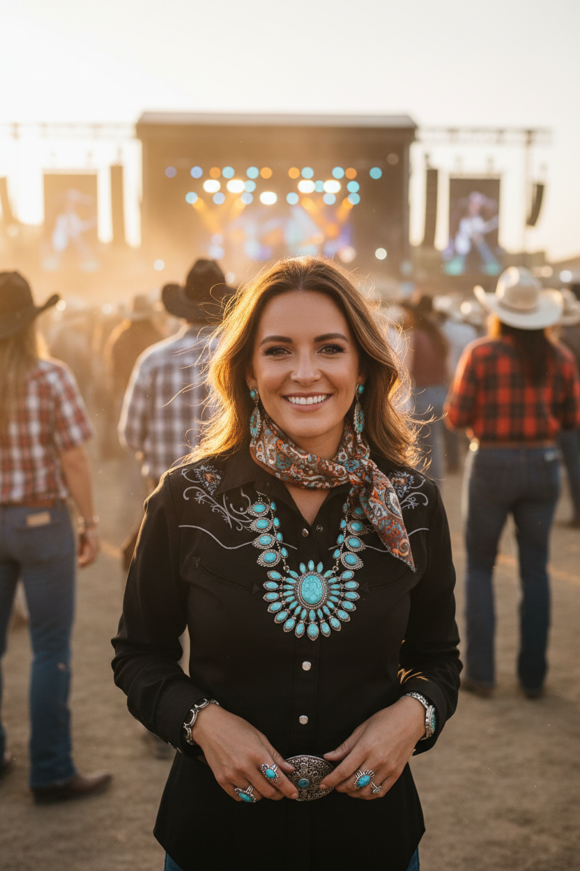 Woman wearing paisley wild rag scarf as neckerchief at country concert