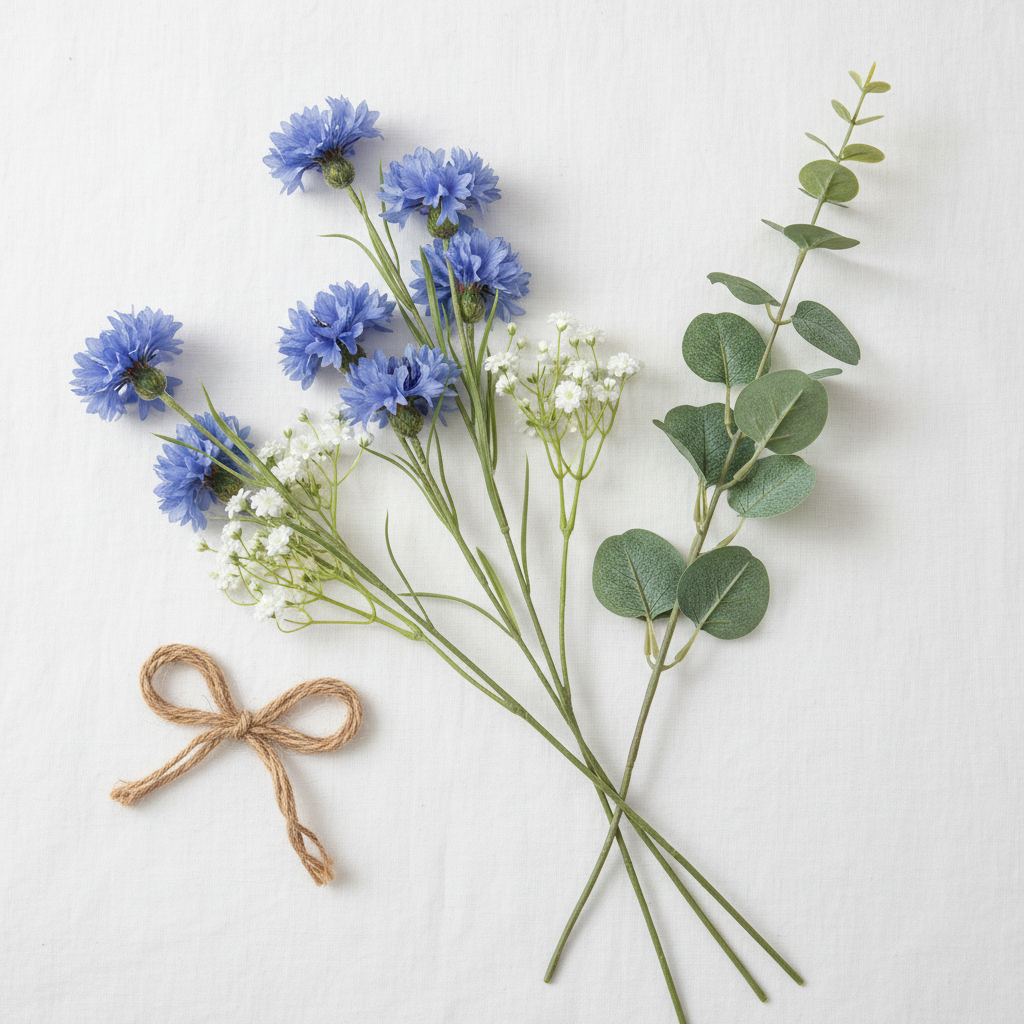 Flat lay of artificial periwinkle blue cornflower stems with white flowers and eucalyptus on white linen surface