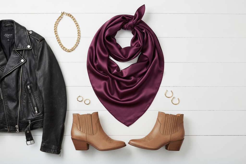 Eggplant purple wild rag with black leather jacket, tan leather boots, and gold jewelry, rich jewel tone styling
