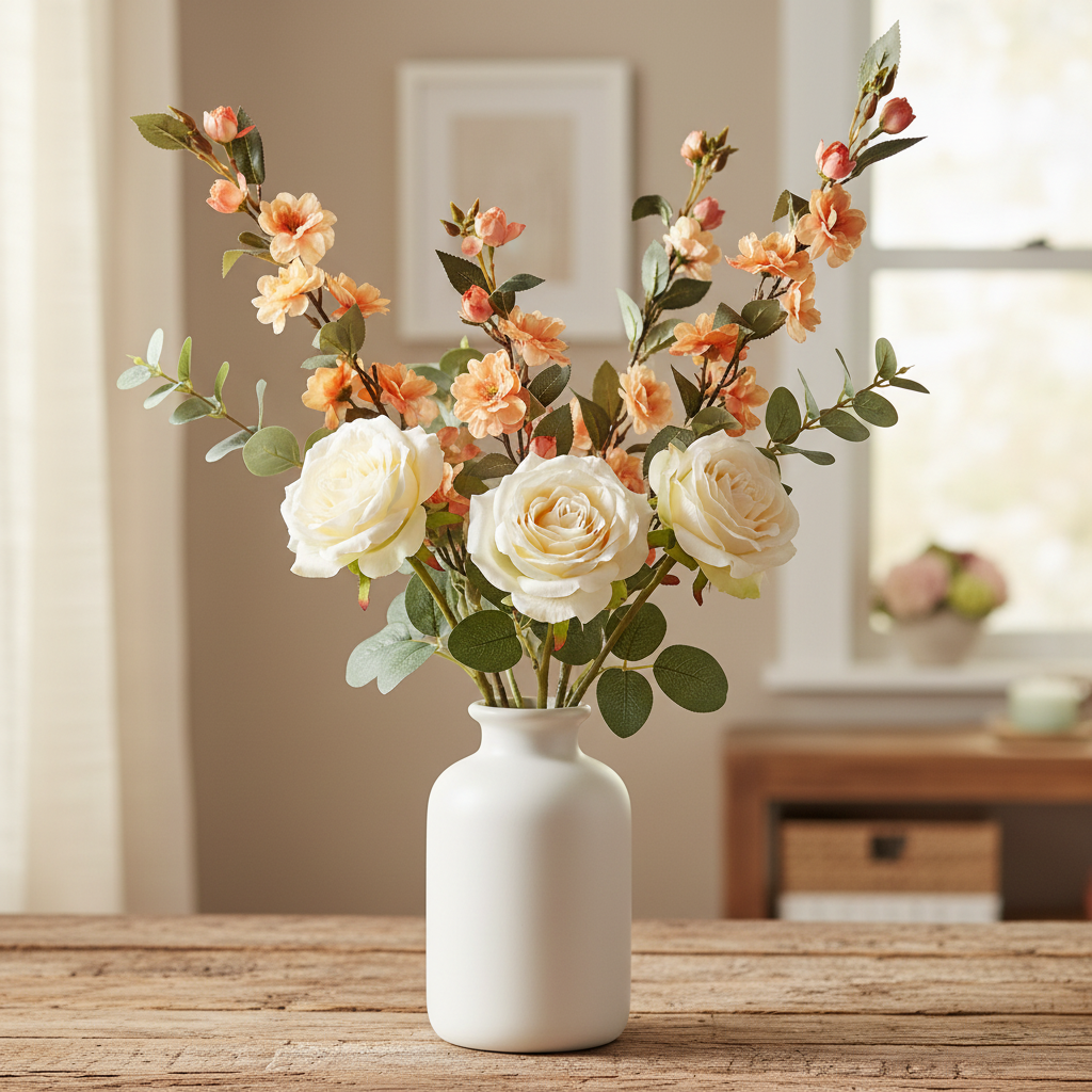 Artificial peach blossom stem arranged with cream roses and eucalyptus in a white ceramic vase on a rustic wood table