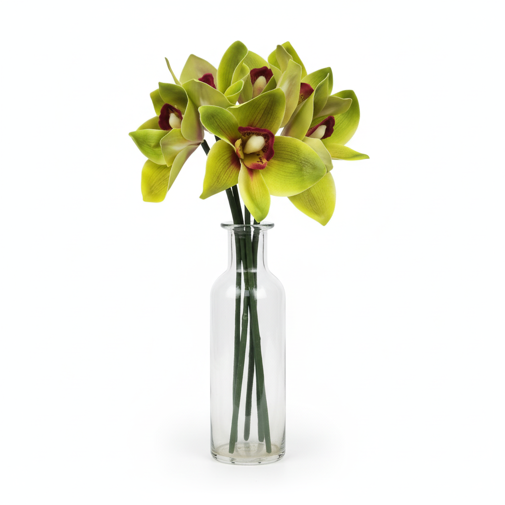 Set of 5 artificial green cymbidium orchid stems with burgundy centers in clear glass vase on white background