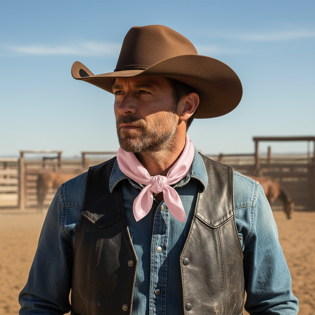 Cowboy wearing pastel pink wild rag scarf in traditional western style with cowboy hat and ranch wear